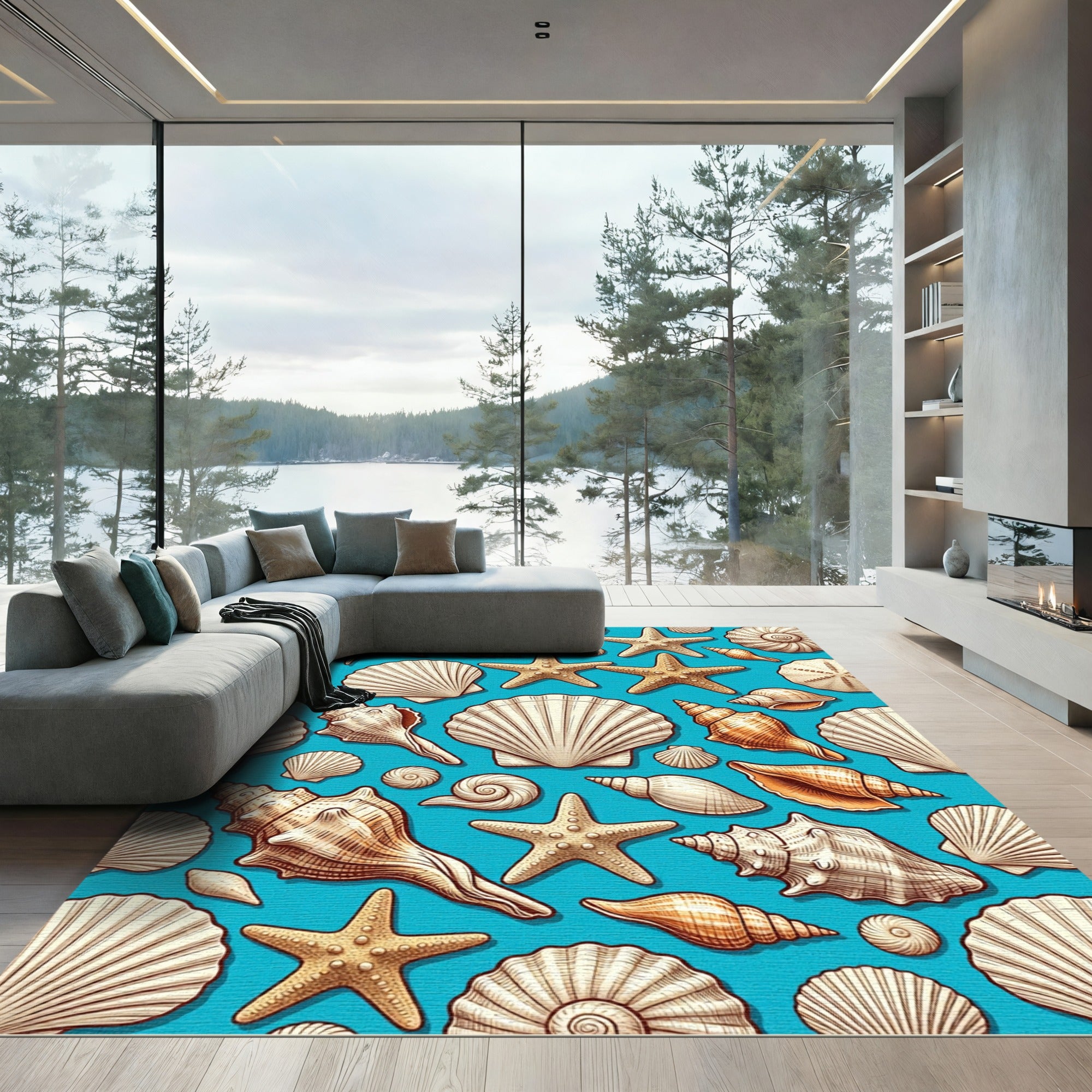 Coastal Seashell Starfish Cyan Background Rug