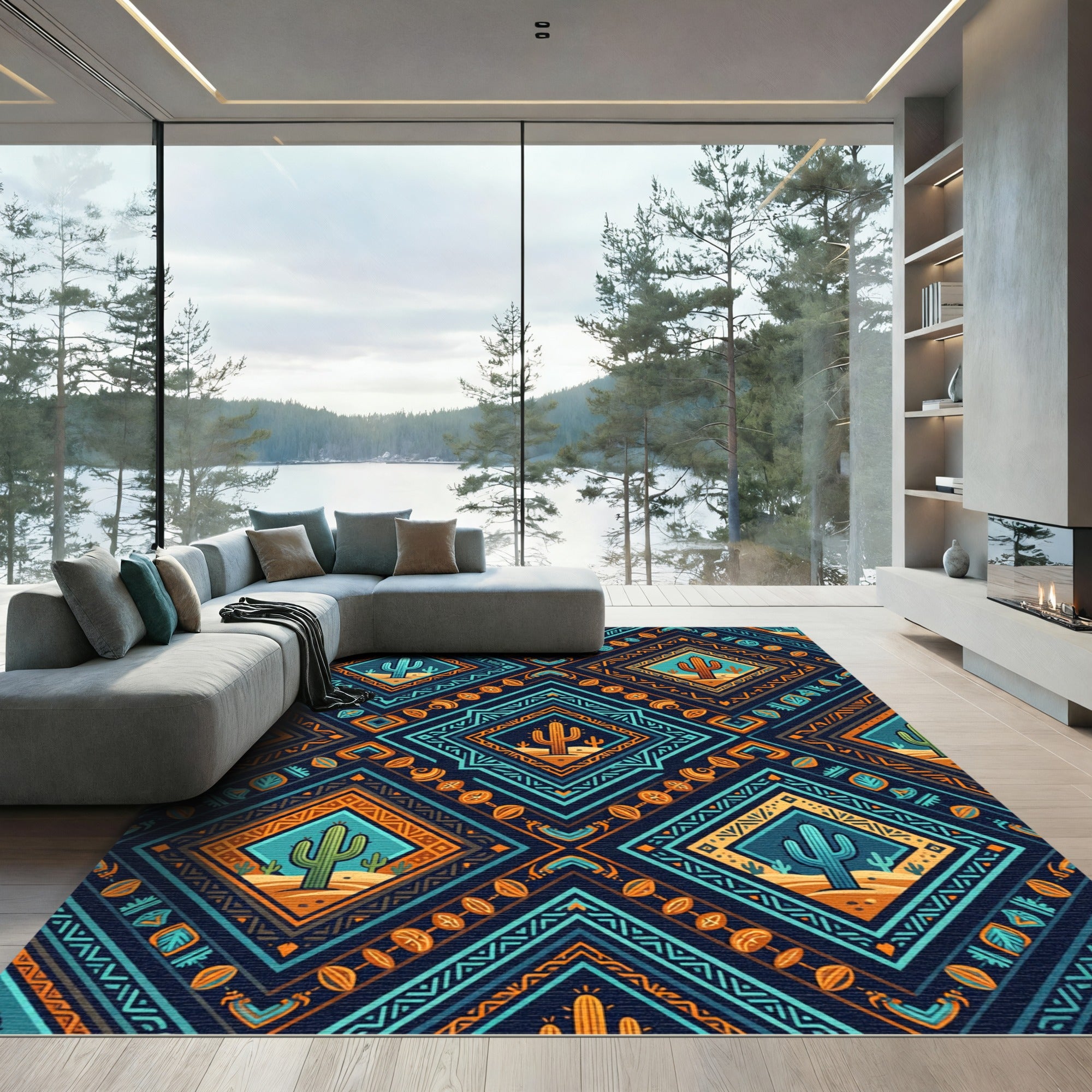 Vibrant Teal and Orange Desert Cactus Diamond Rug