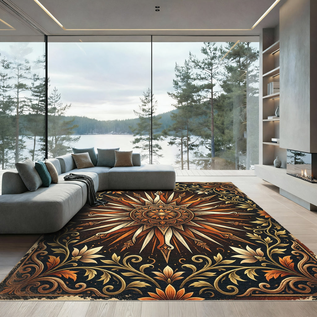Radiant Amber Floral Sun Medallion Rug