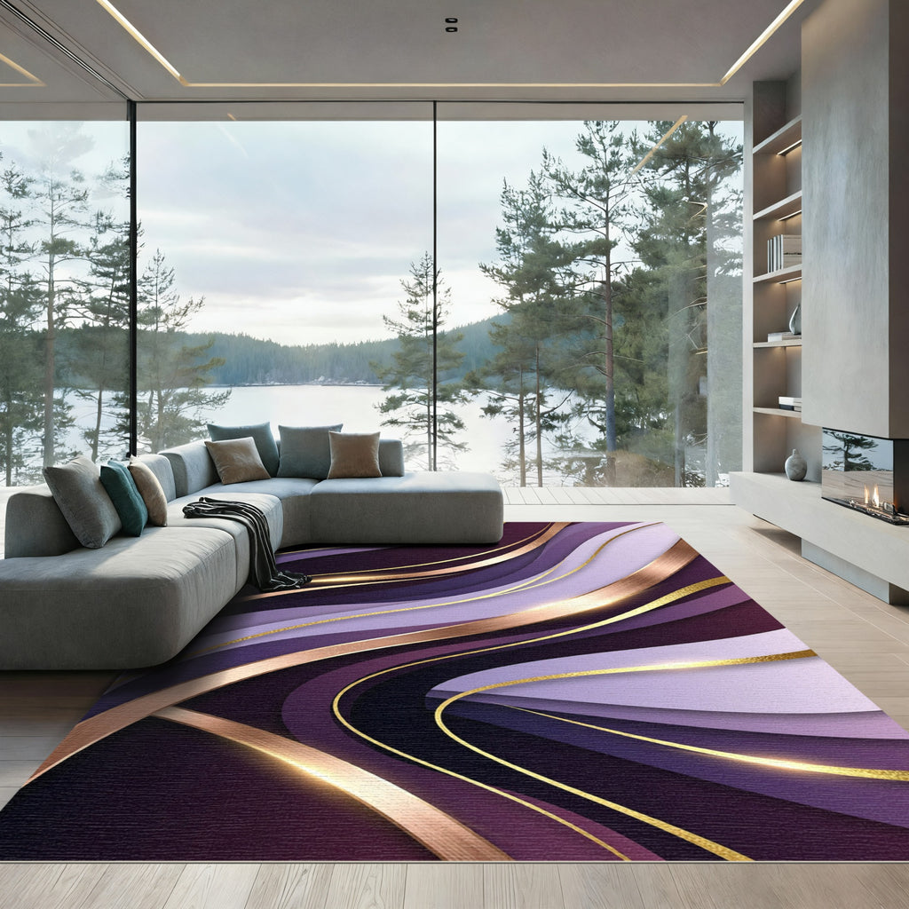 Elegant Royal Purple Abstract Golden Wave Rug