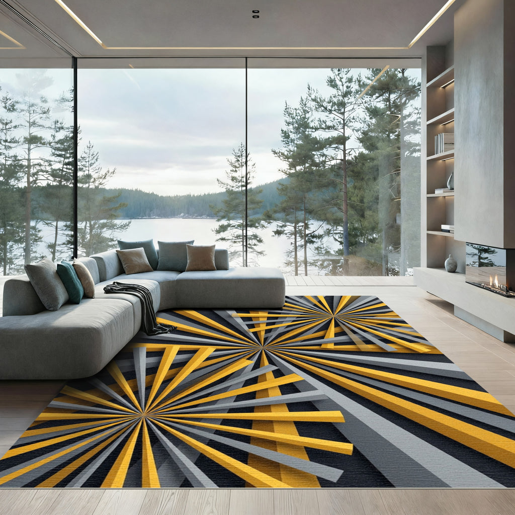 Bold Yellow Gray Sunburst Rays Rug