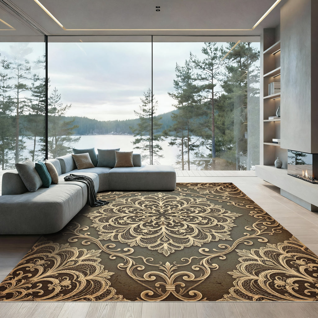 Antique Gold Lace Medallion Swirl Rug