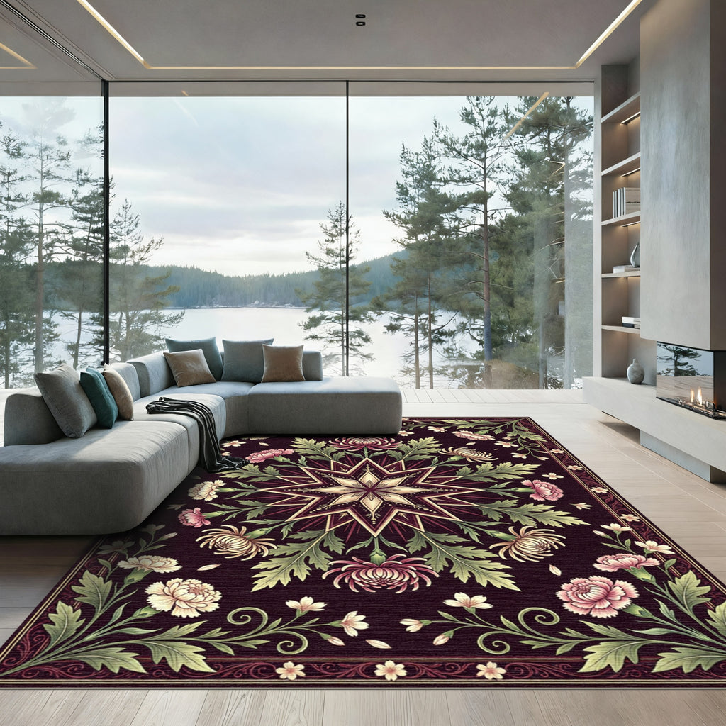 Celestial Star Floral Dark Plum Art Rug