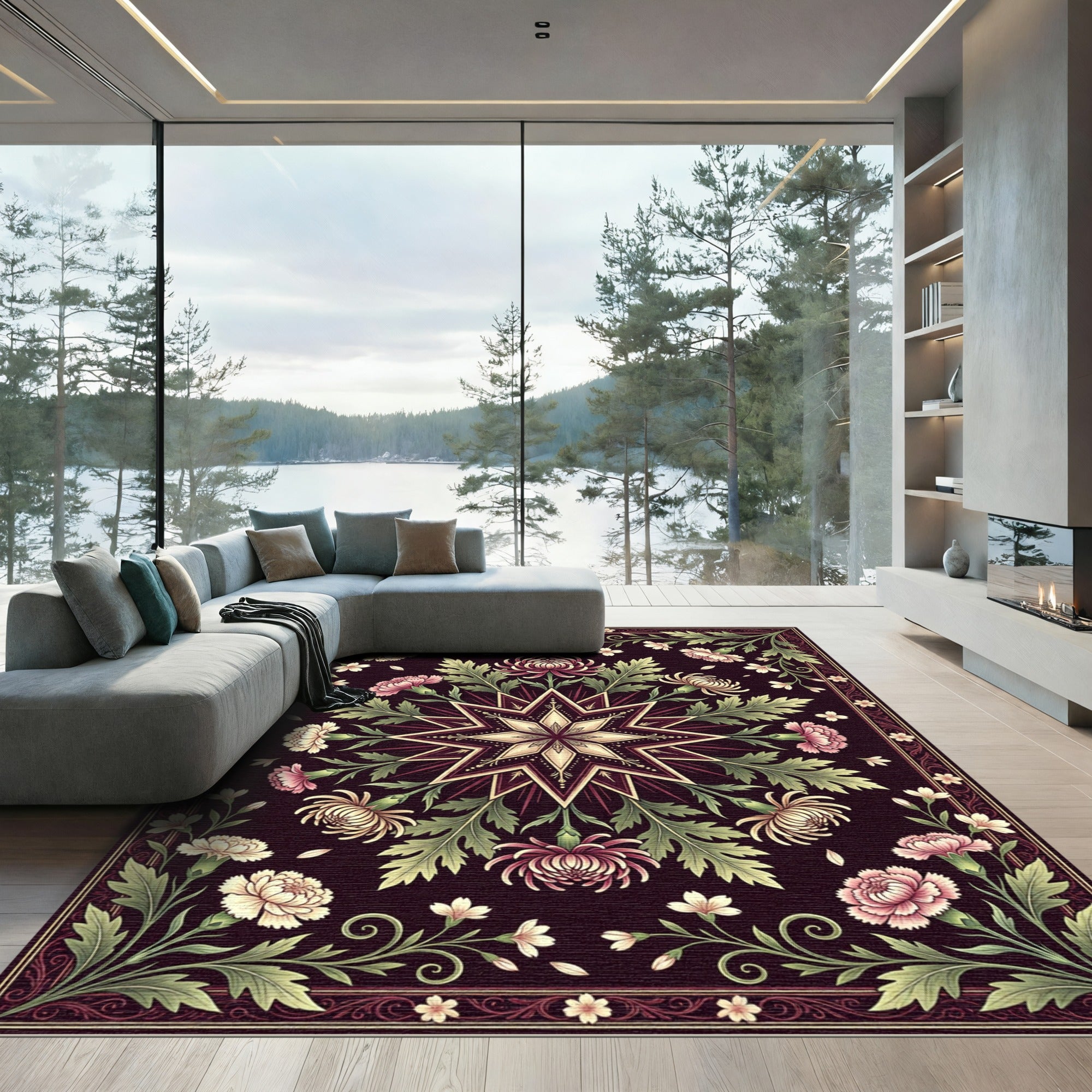 Celestial Star Floral Dark Plum Art Rug