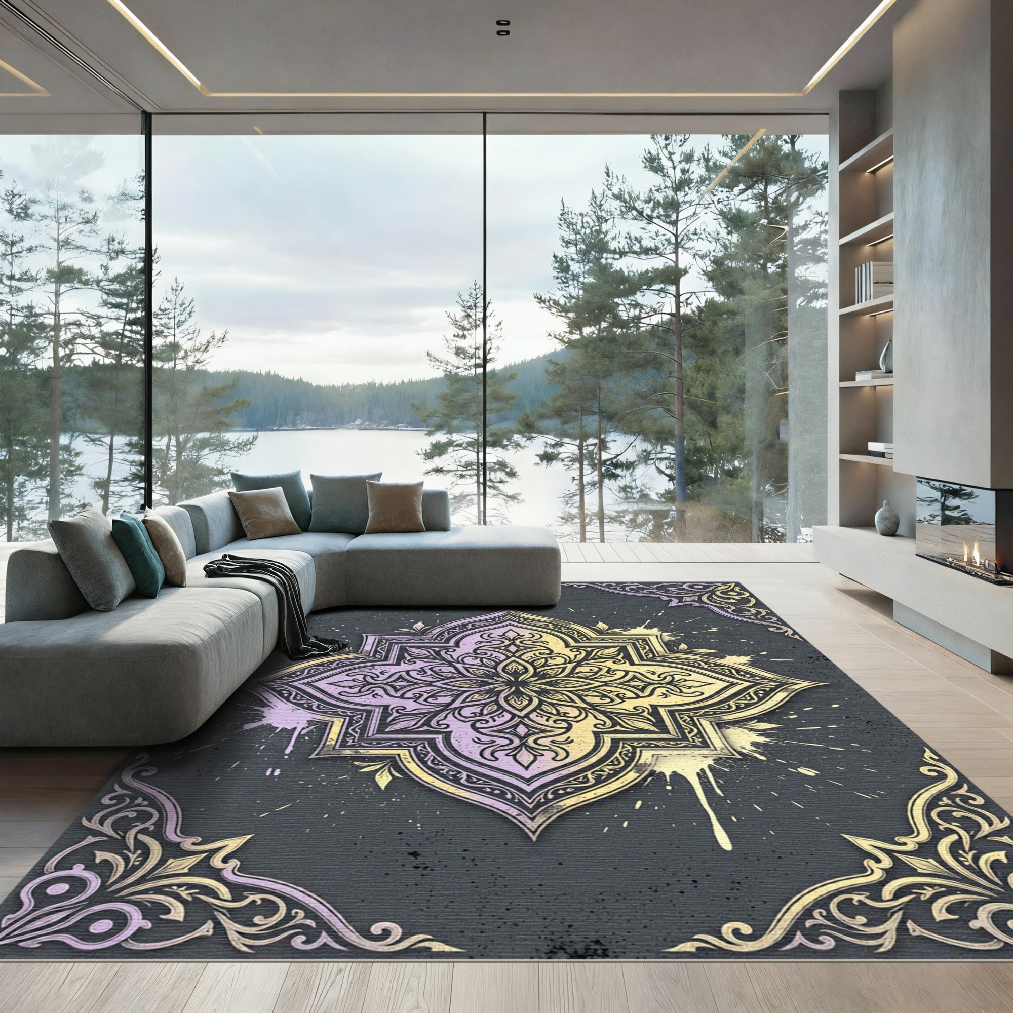 Pastel Lavender Gold Ornate Medallion Rug