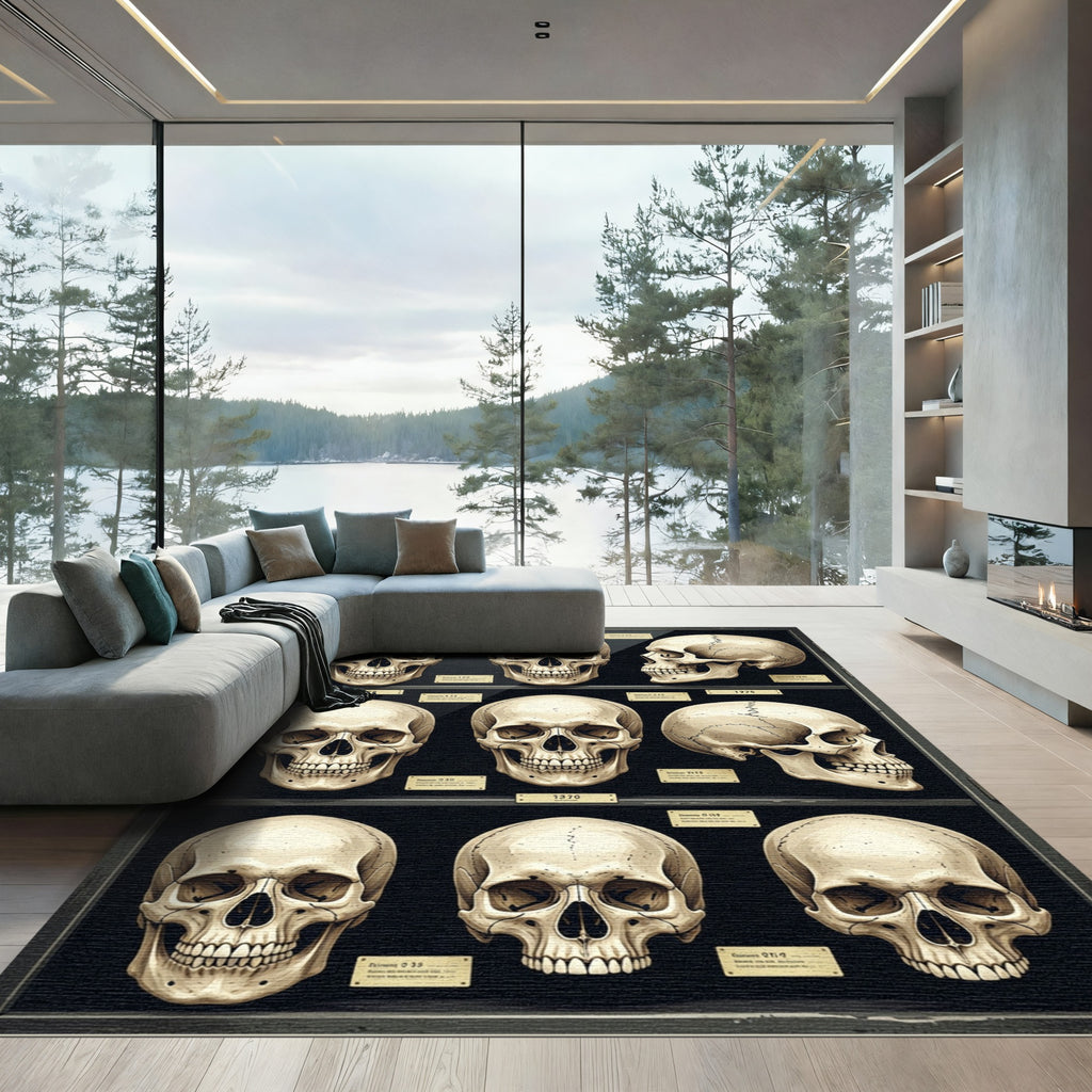 Anatomical Human Skull Grid Ivory Black Rug