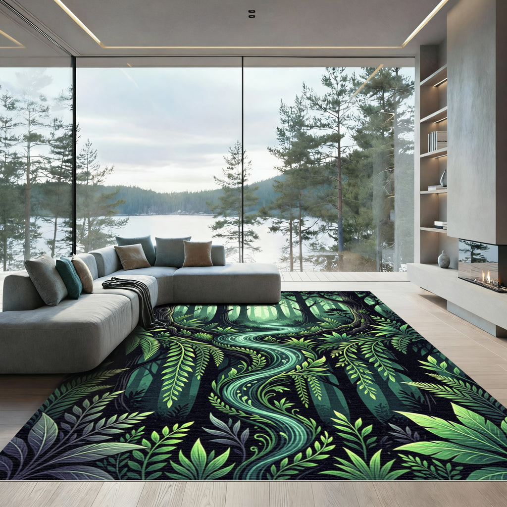 Lush Emerald Forest Stream Silhouette Rug