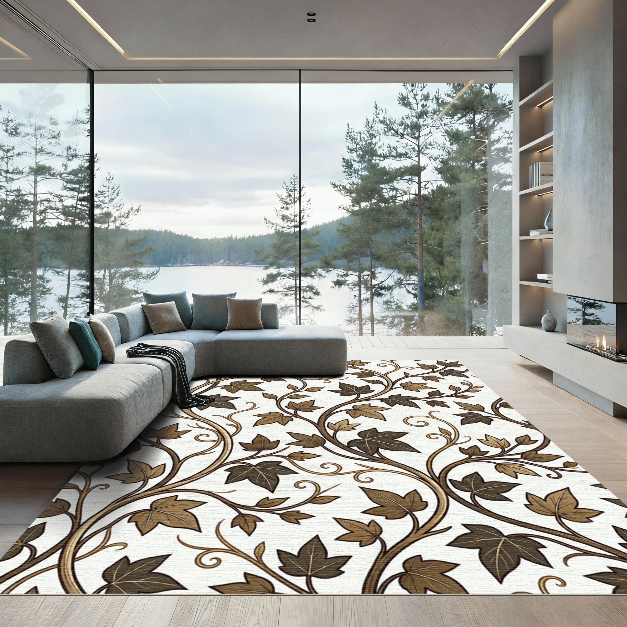 Earthy Brown Vine Leaf Scroll Rug