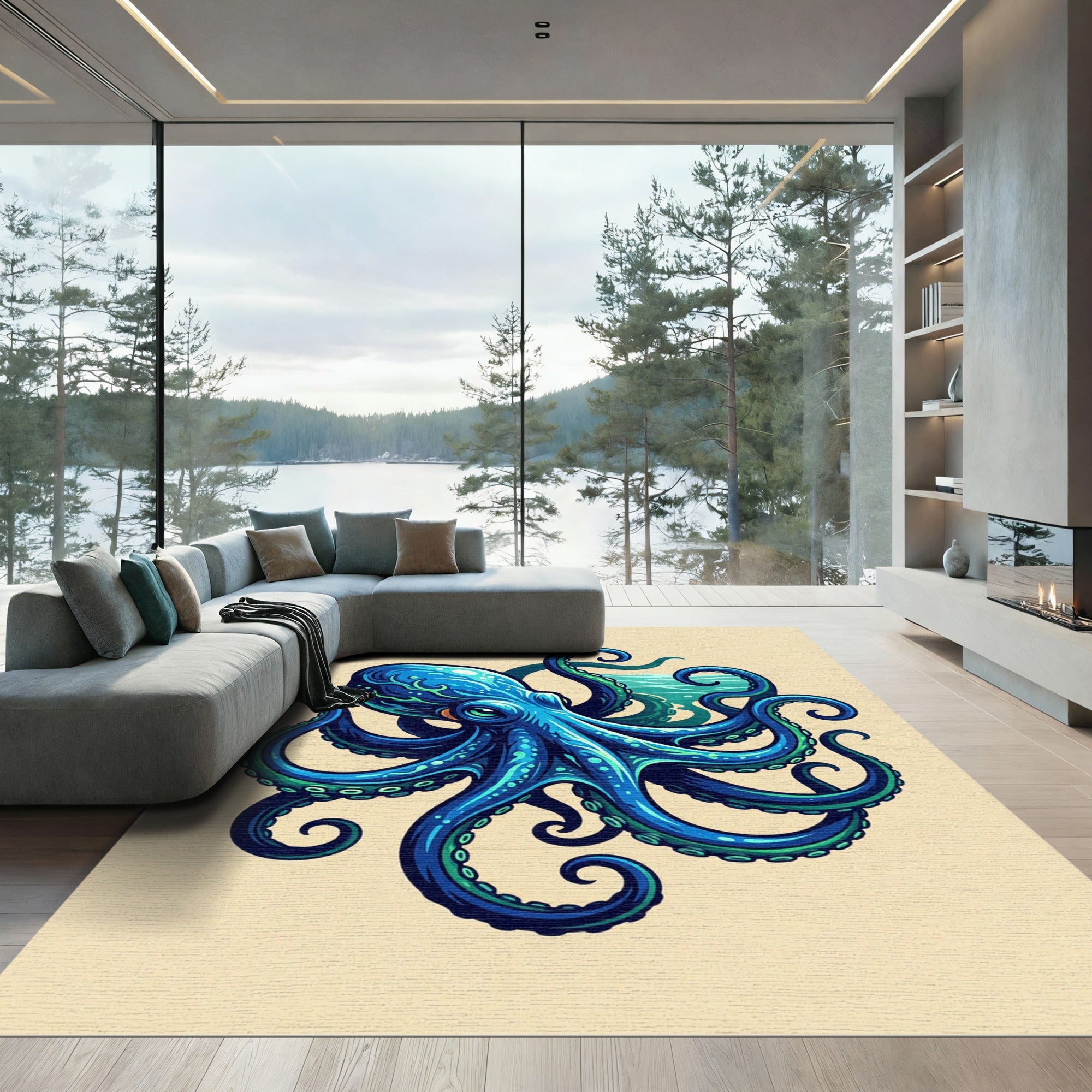 Vibrant Blue Octopus Marine Creature Rug