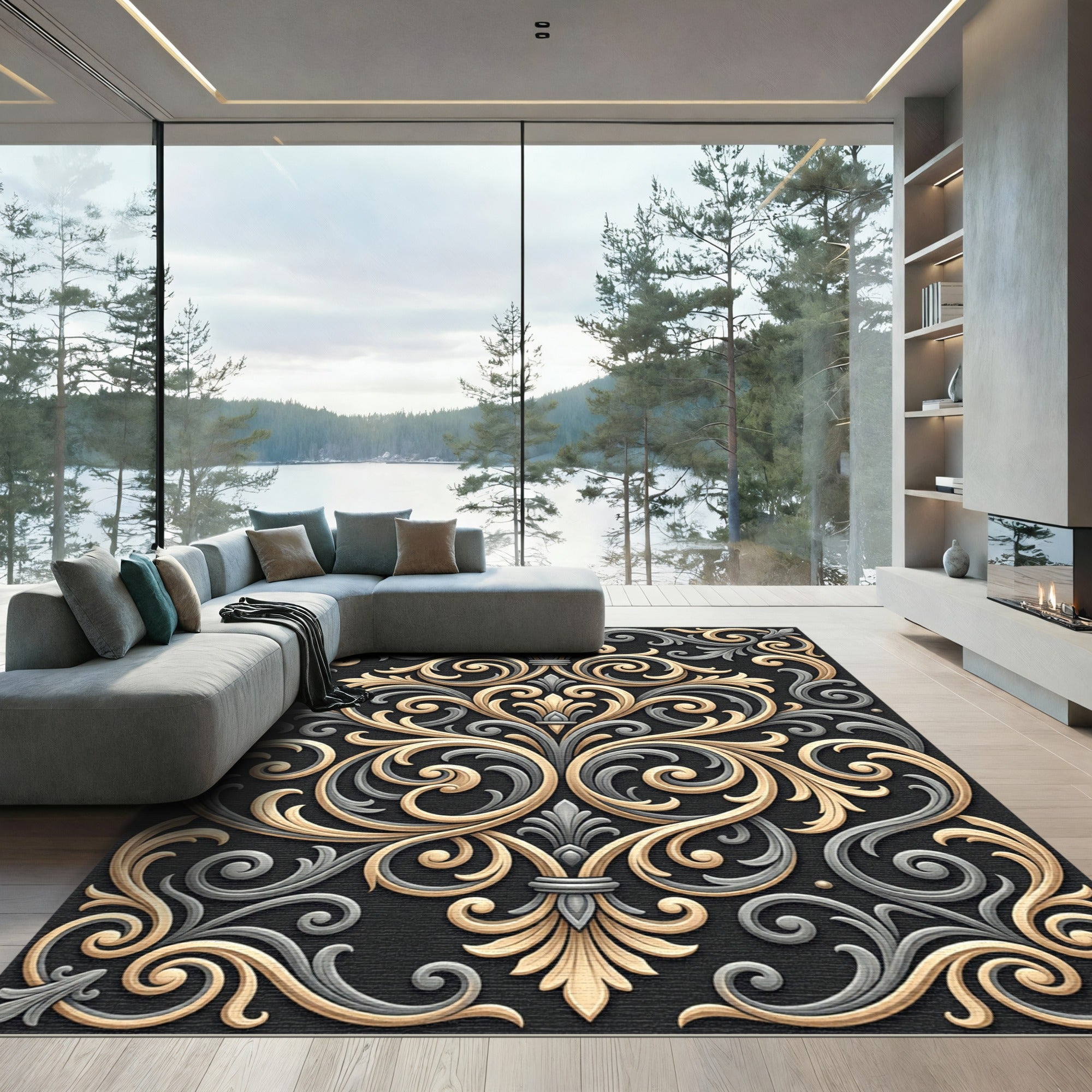 Elegant Gold Silver Scrollwork Rug