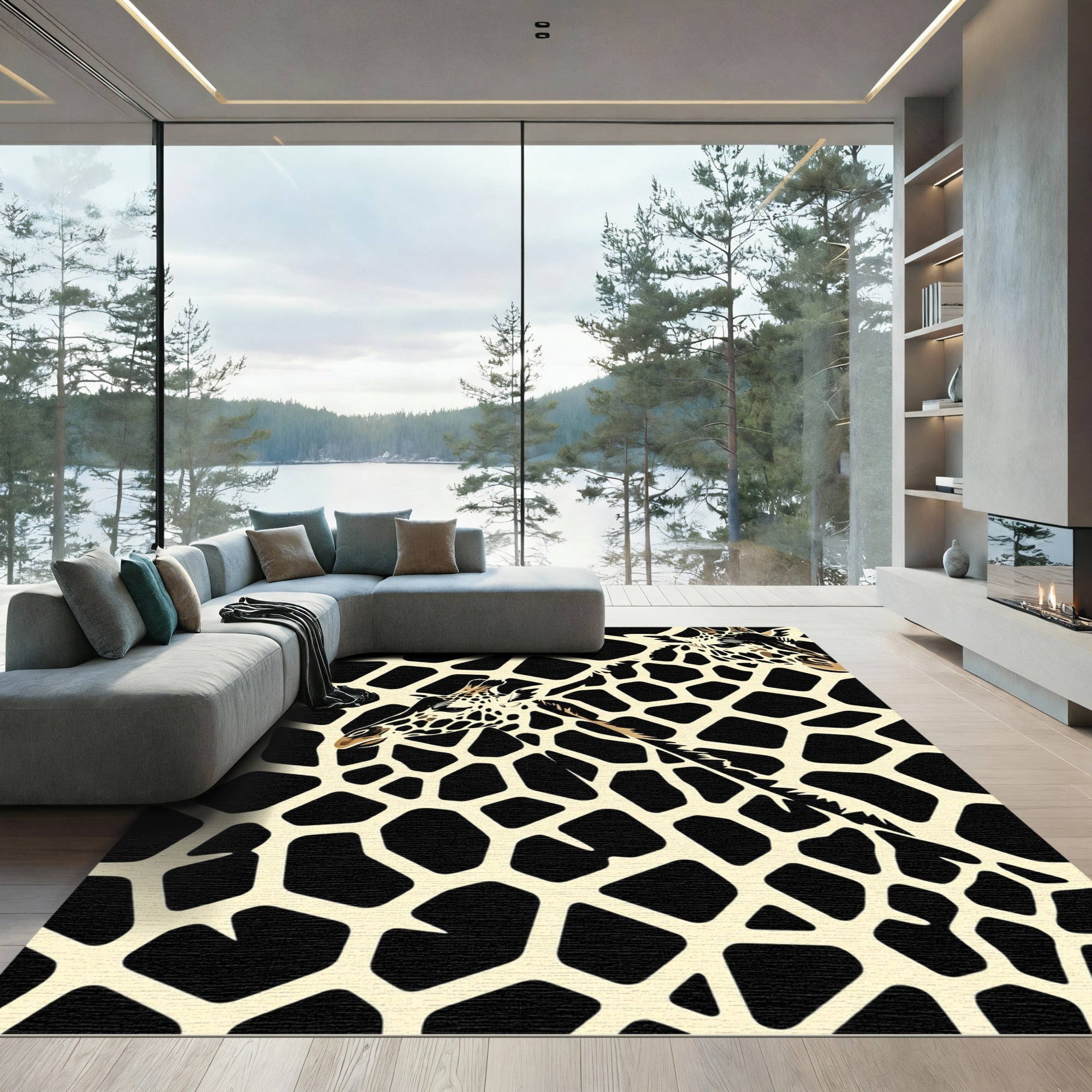 Abstract Giraffe Spot Black Cream Rug