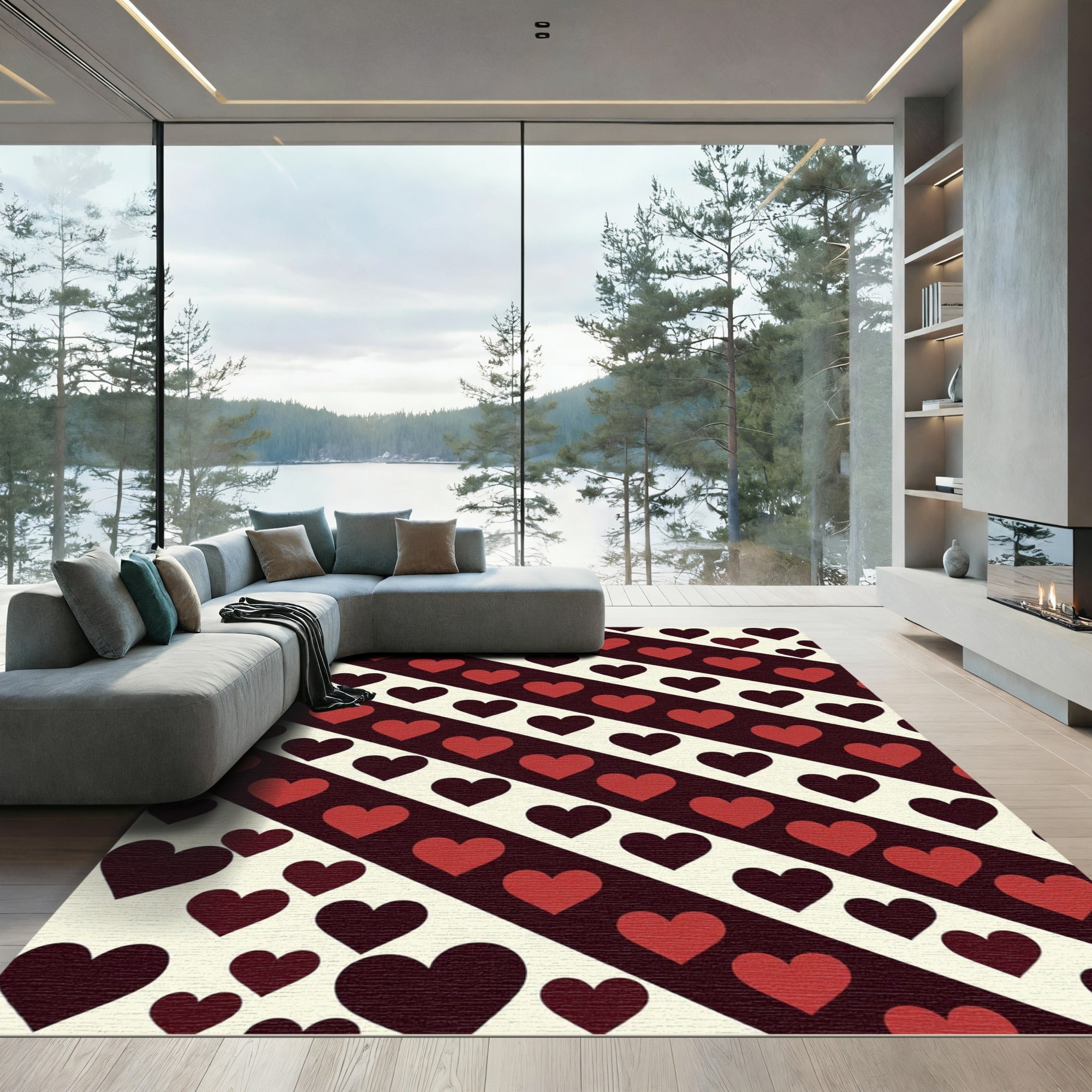 Bold Crimson Heart Diagonal Stripe Rug