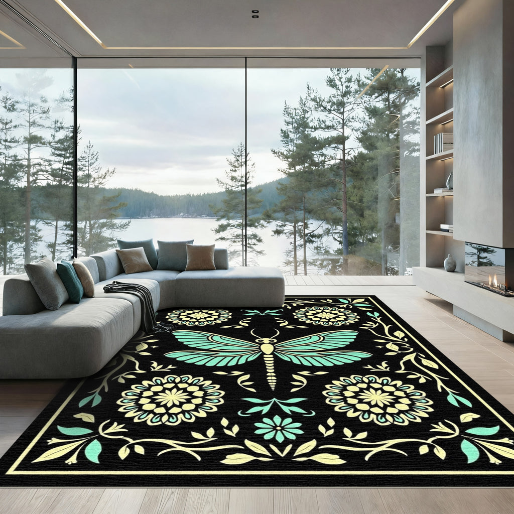 Aqua Yellow Dragonfly Floral Border Rug