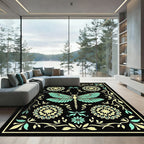 Aqua Yellow Dragonfly Floral Border Rug