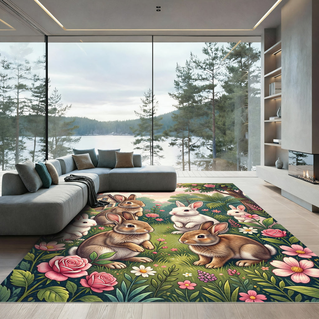 Whimsical Pastel Meadow Bunny Garden Rug