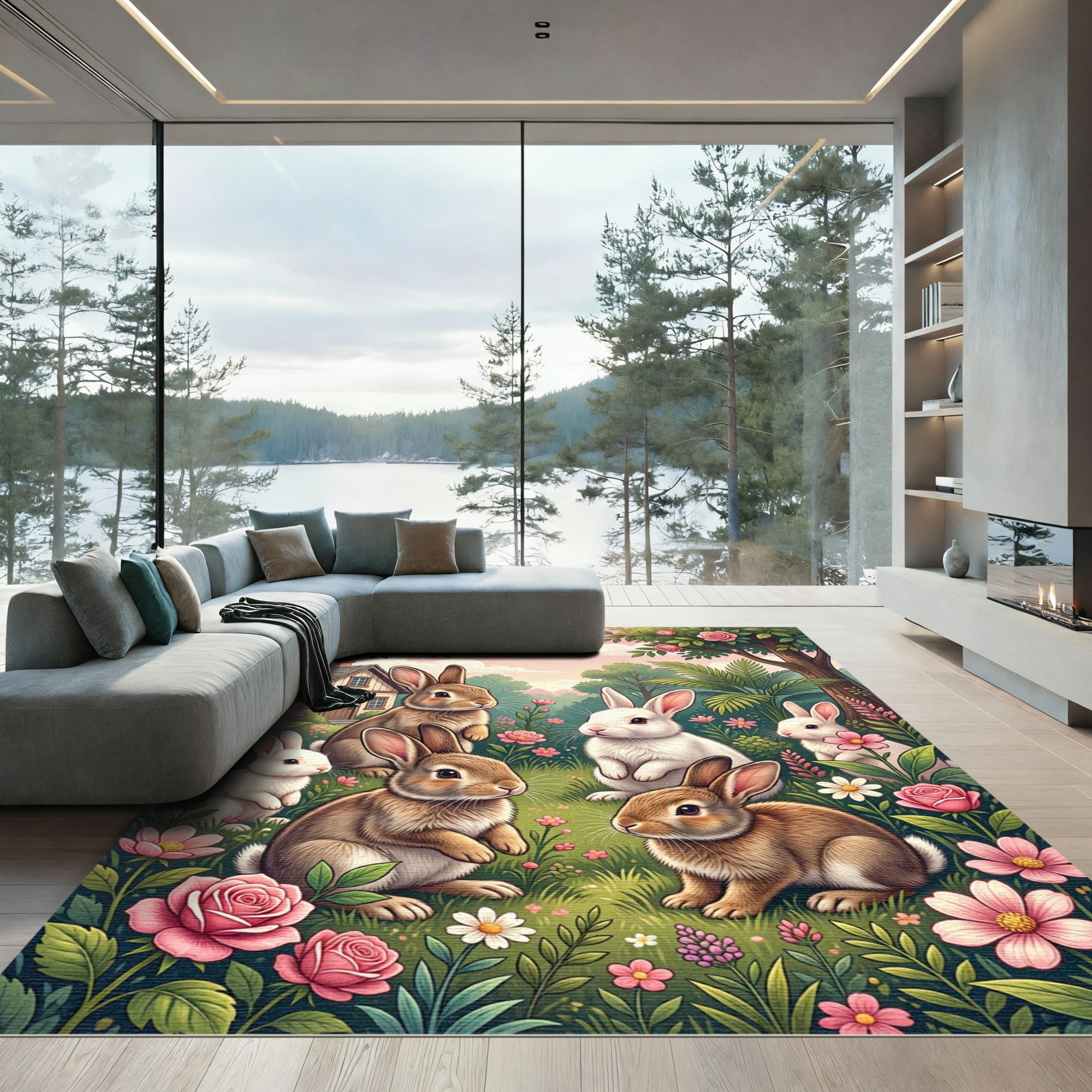 Whimsical Pastel Meadow Bunny Garden Rug