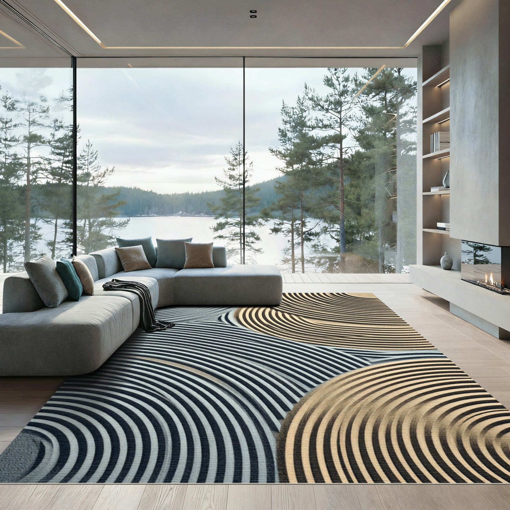 Modern Black White Tan Arc Rug