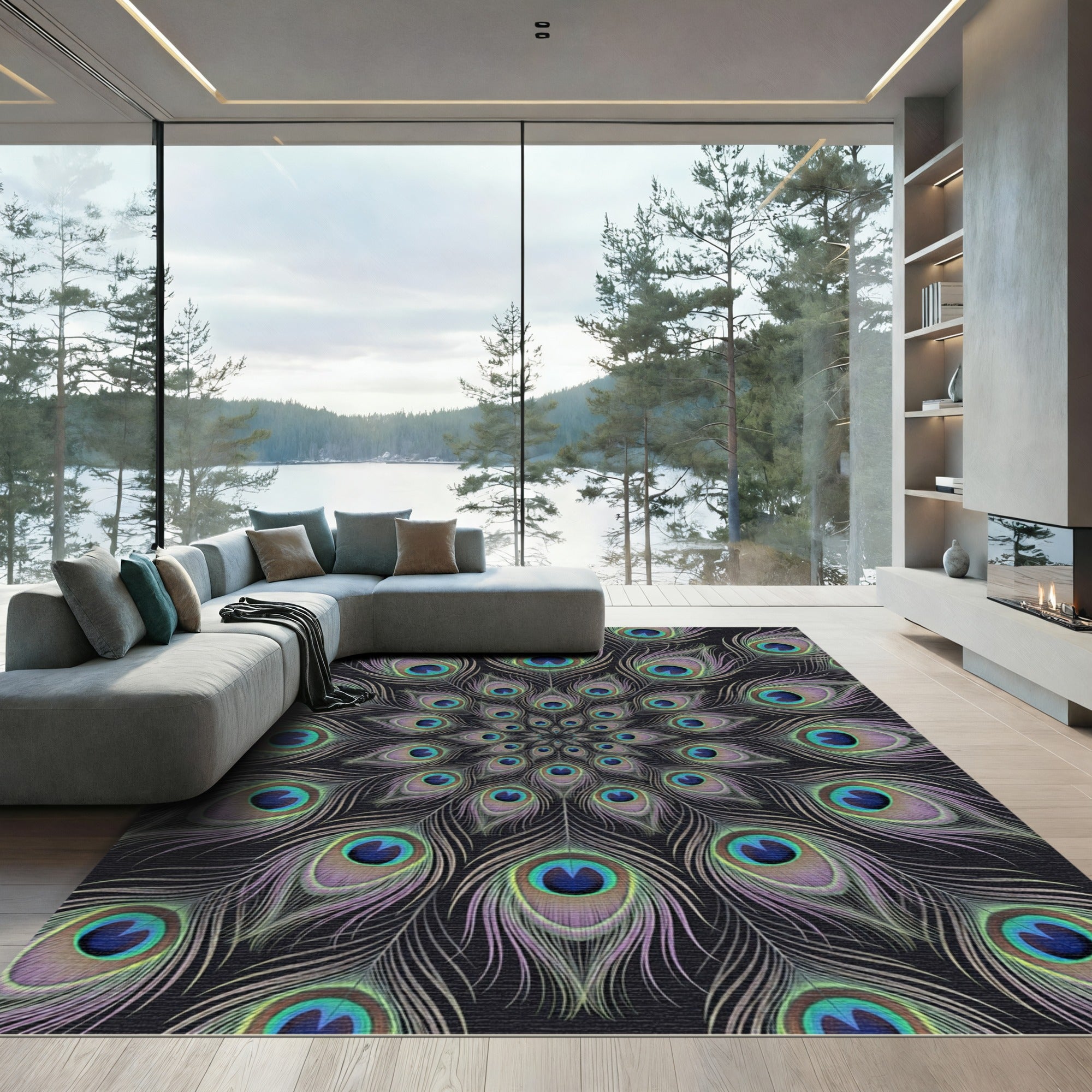 Intricate Peacock Feather Mandala Rug