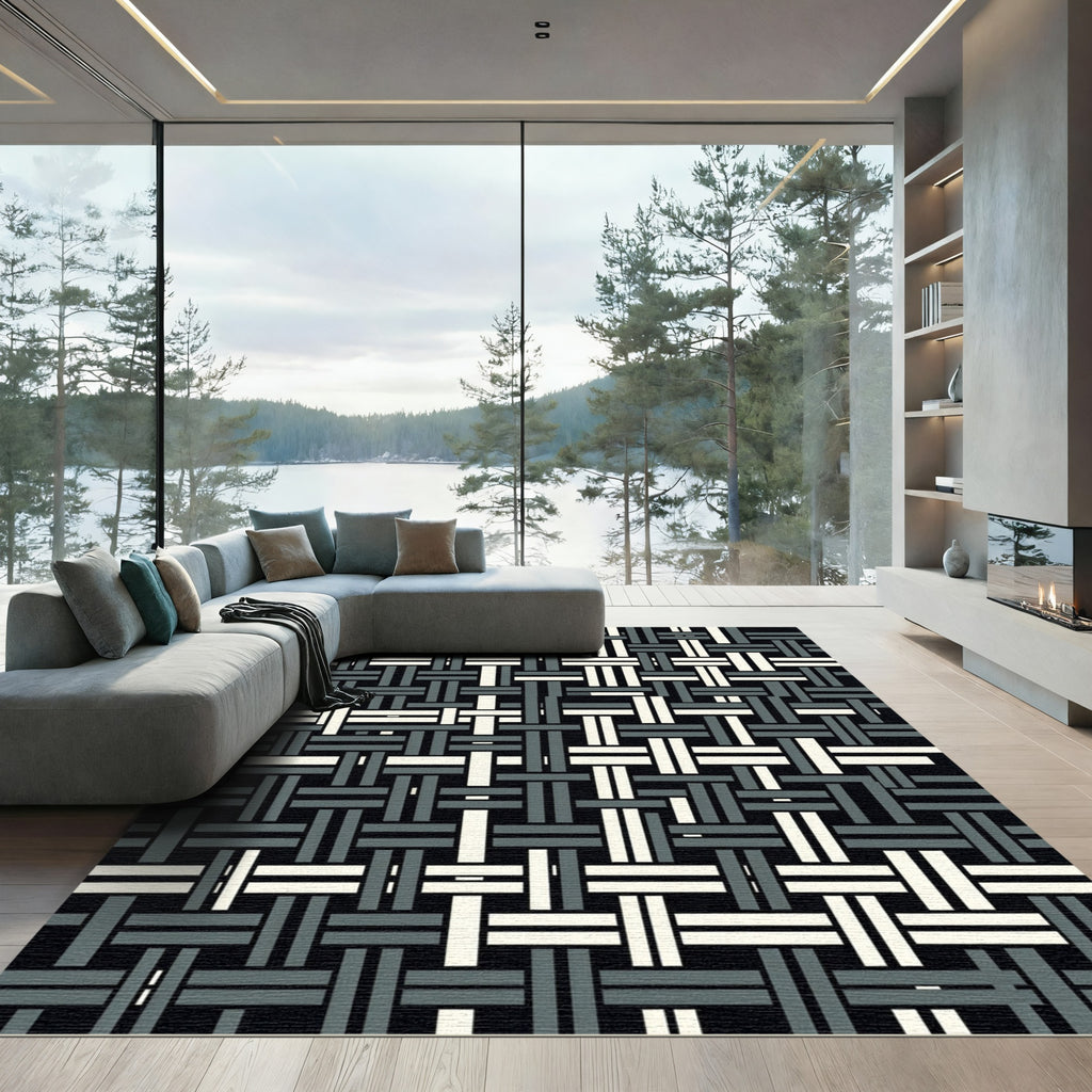 Woven Geometric Black Cream Gray Rug