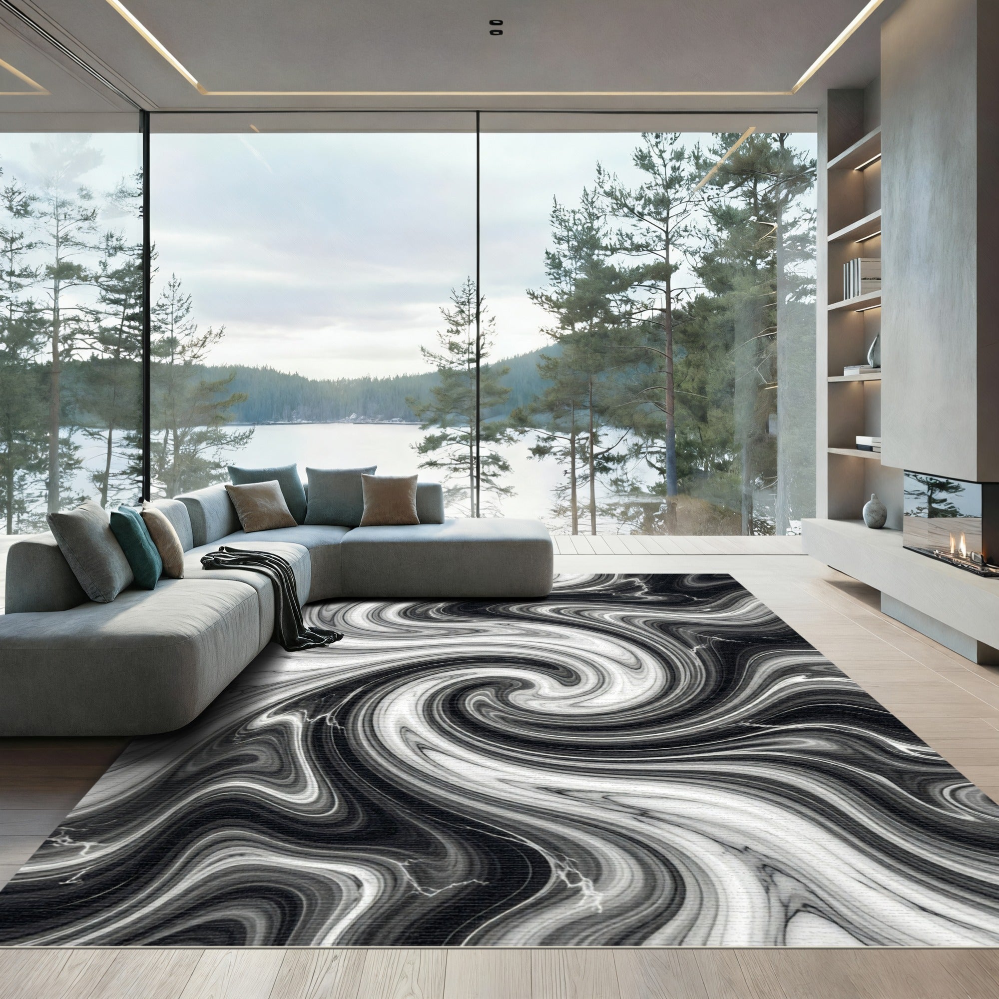 Modern Monochrome Abstract Marble Swirl Rug