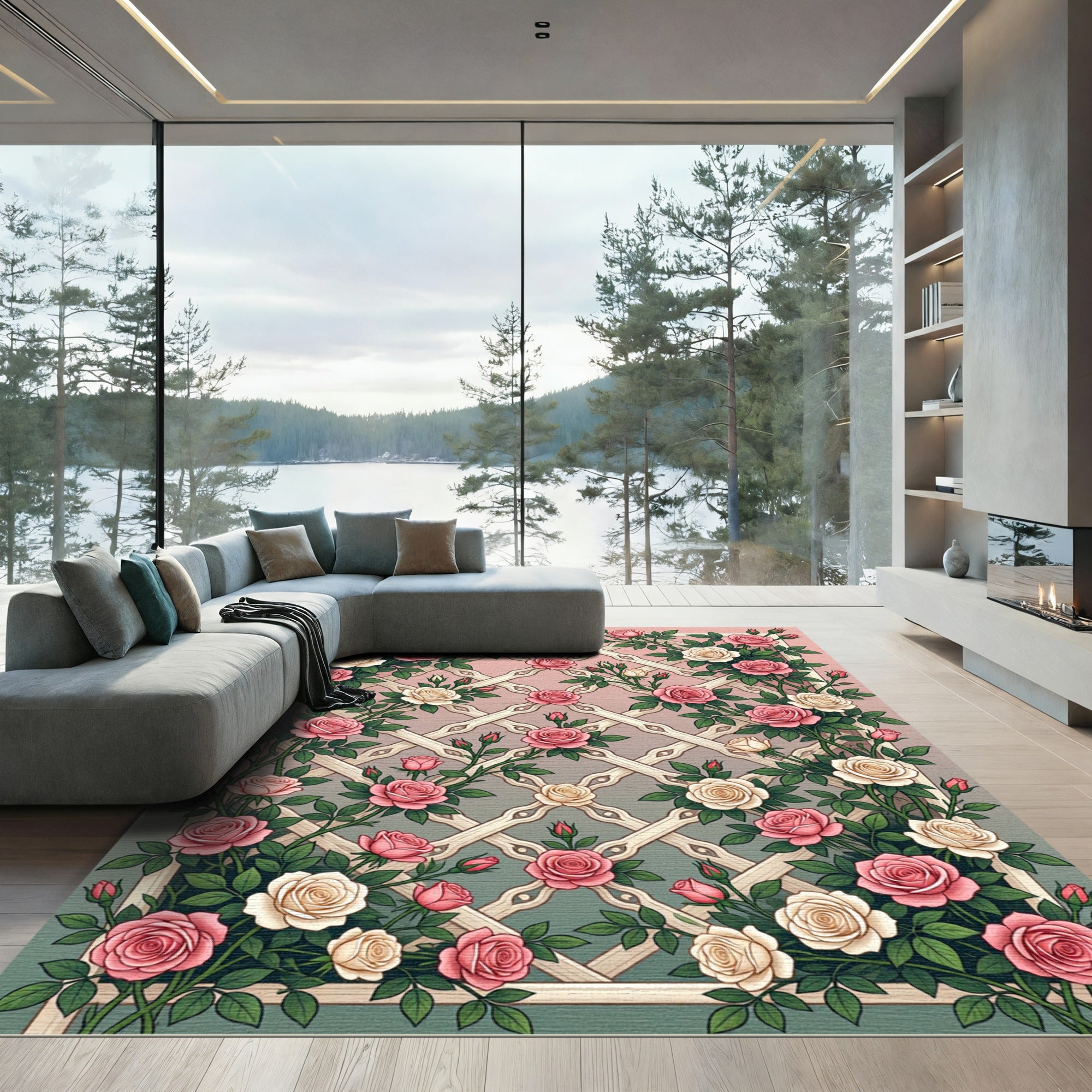 Pink Cream Rose Lattice Trellis Rug