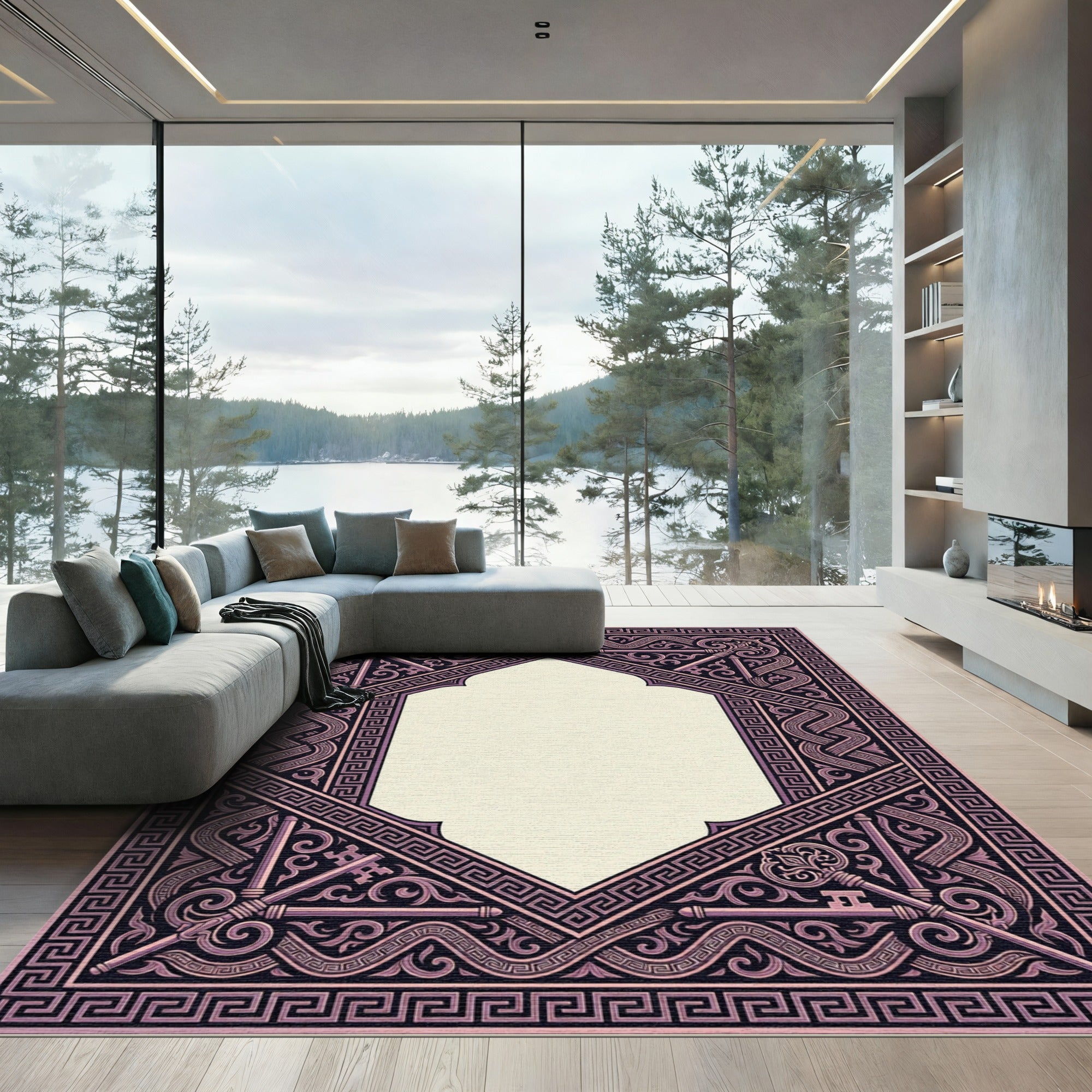 Ornate Pink Key Geometric Border Rug