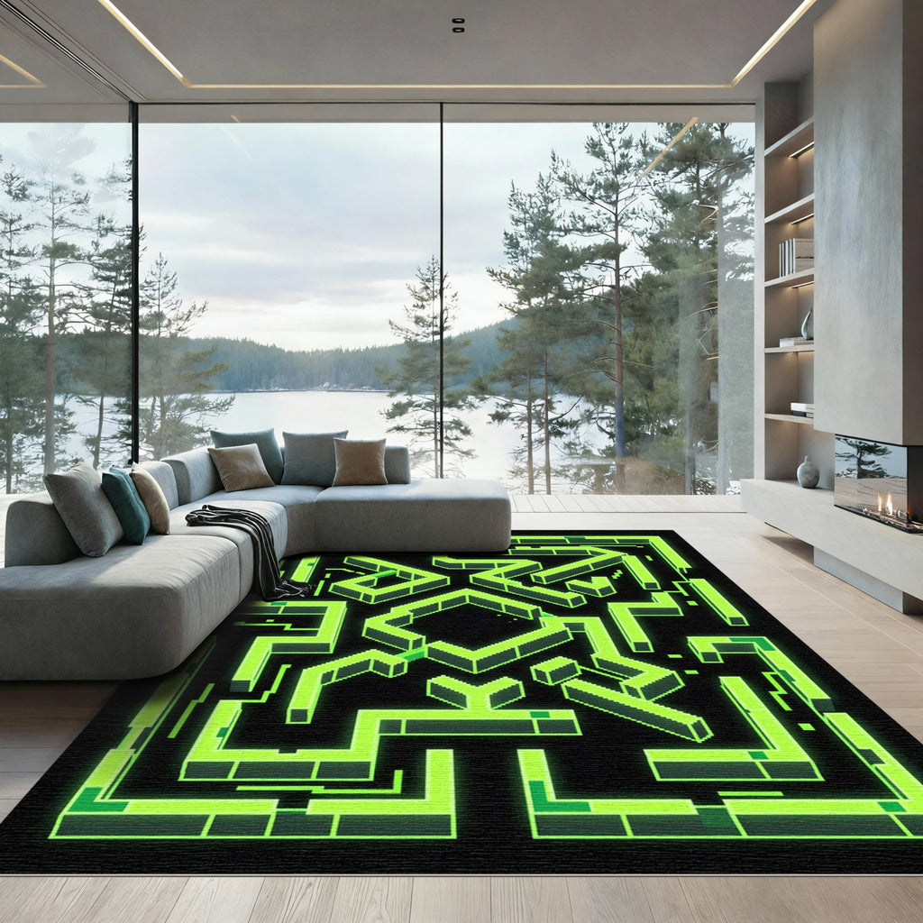 Neon Green Cybernetic Geometric Labyrinth Rug