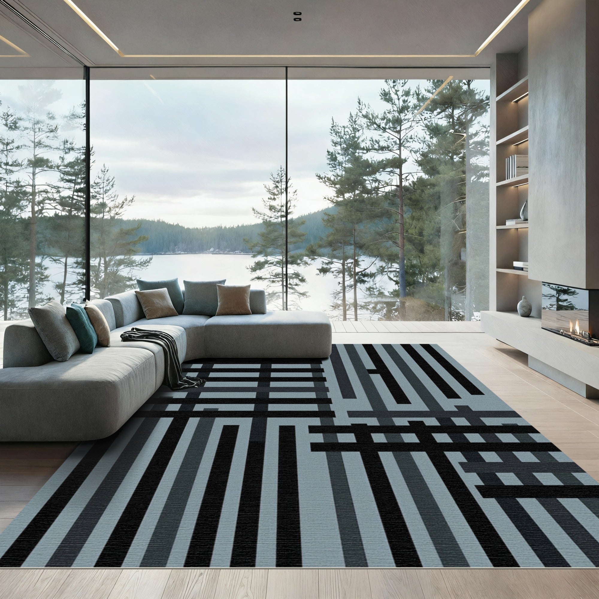 Modern Slate Geometric Charcoal Grid Rug