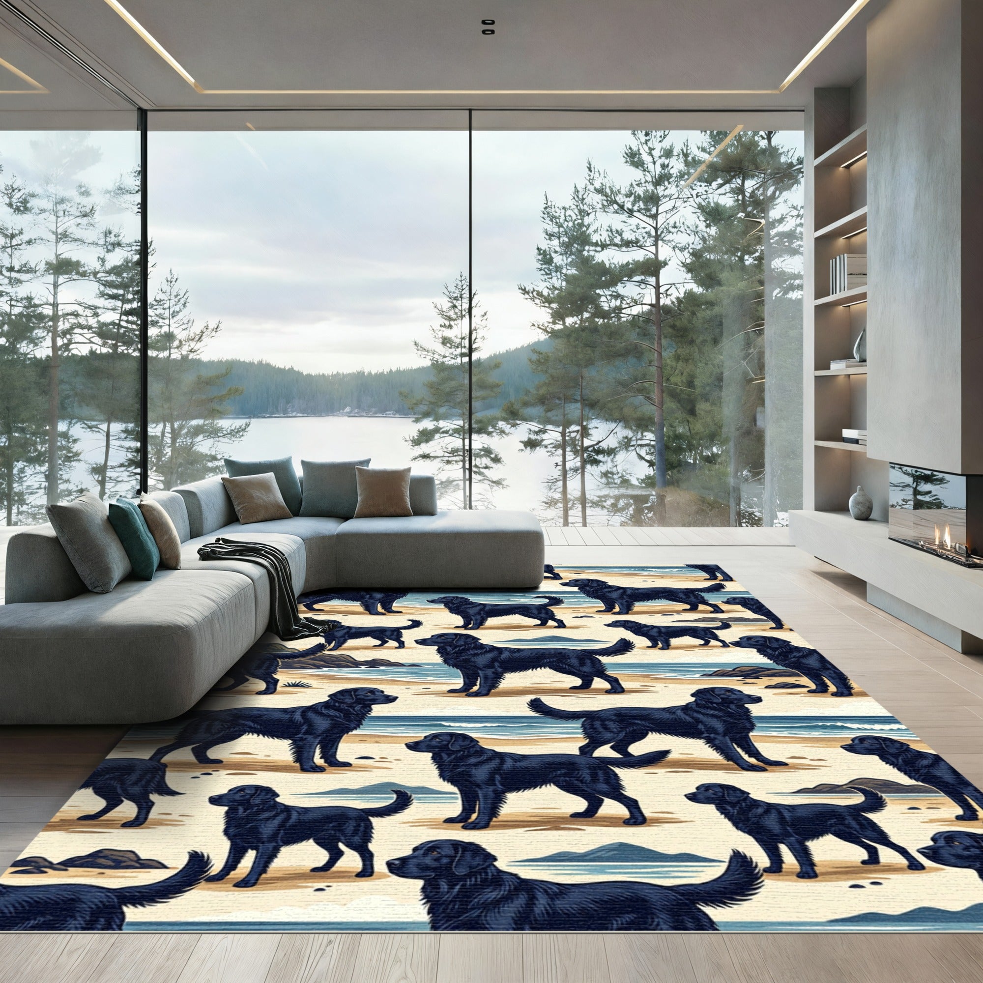 Coastal Black Labrador Retriever Beach Scene Rug