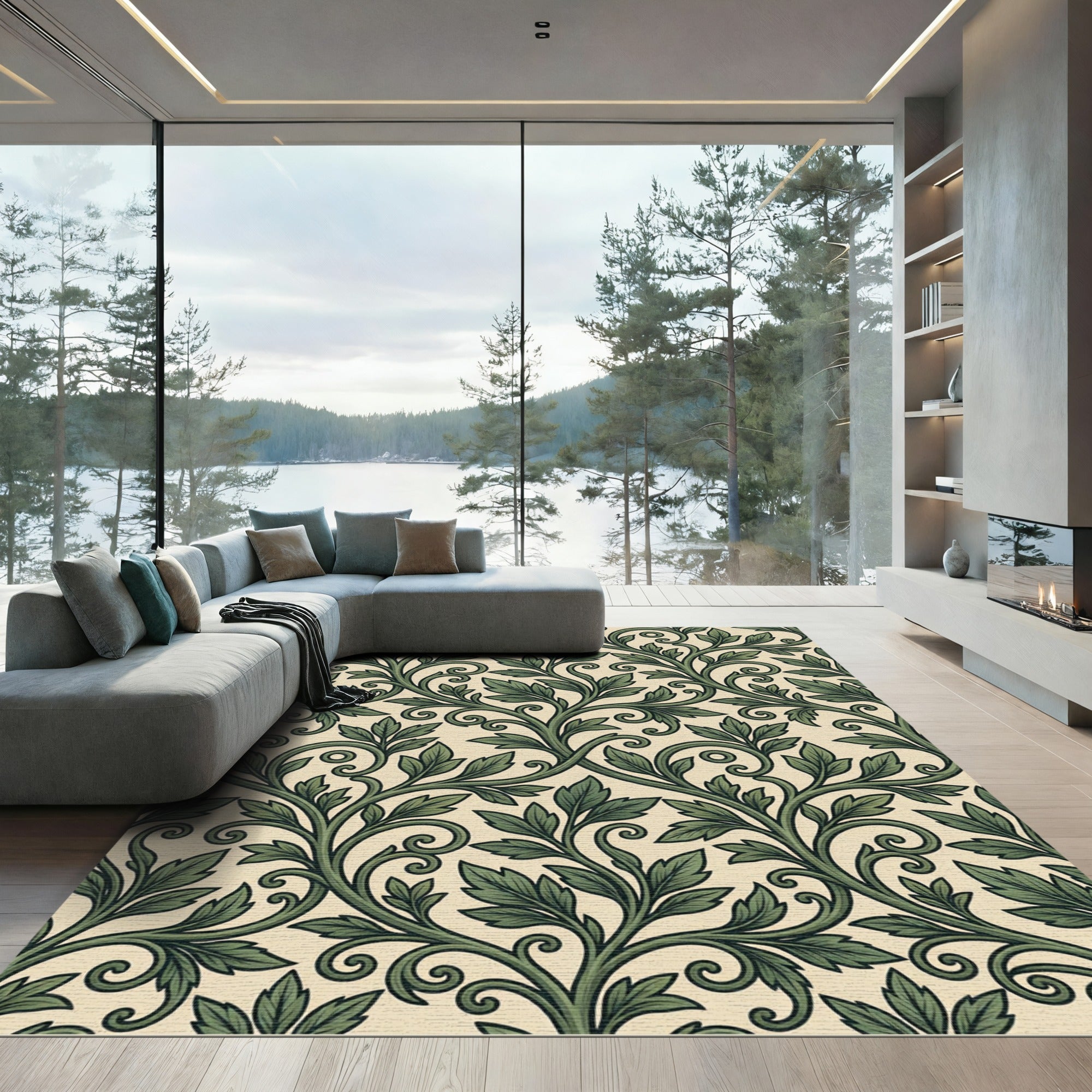 Elegant Sage Green Acanthus Vine Scroll Rug