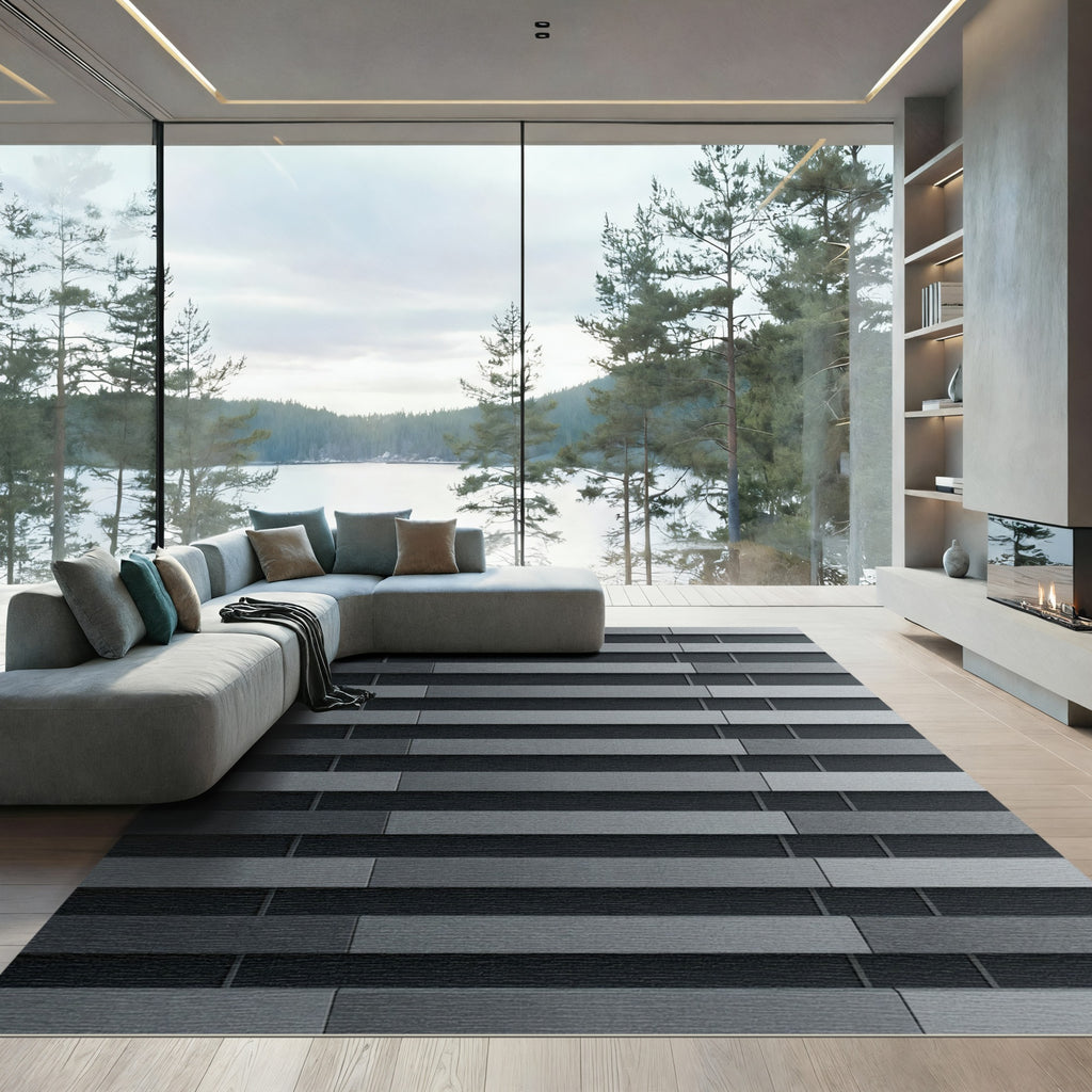 Sophisticated Charcoal Gray Linear Architectural Layered Rug