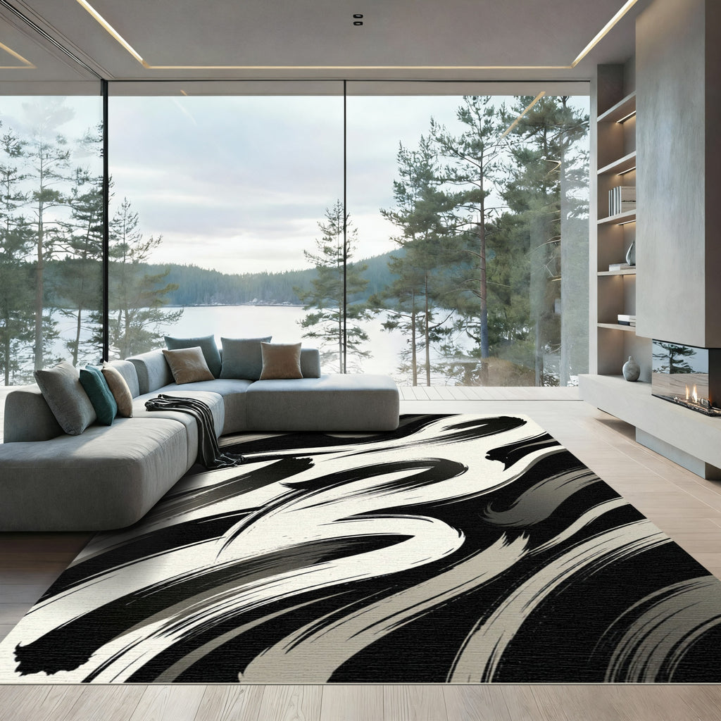 Modern Monochrome Abstract Ink Swirl Rug