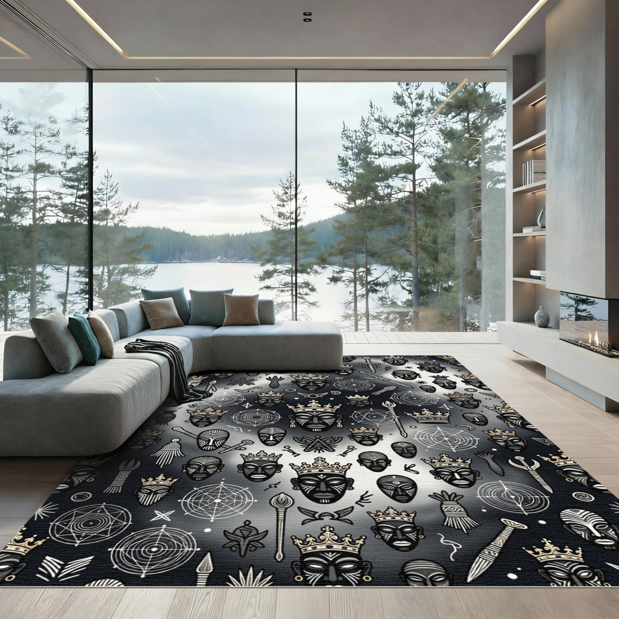 Tribal Masks Gold Crowns Geometric Symbols Rug