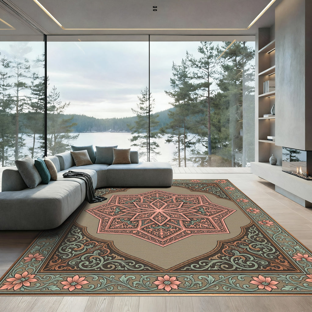 Coral Pink Intricate Floral Star Rug