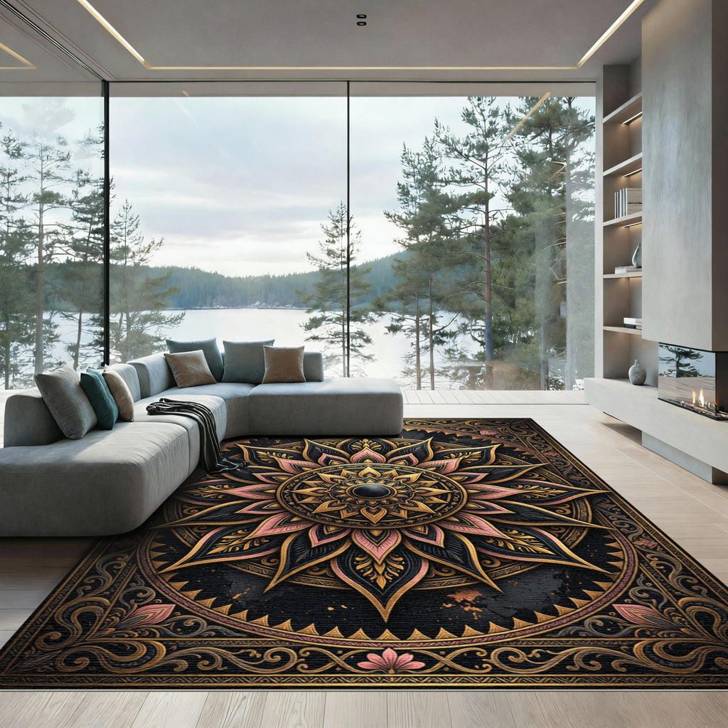 Gilded Noir Floral Mandala Medallion Rug