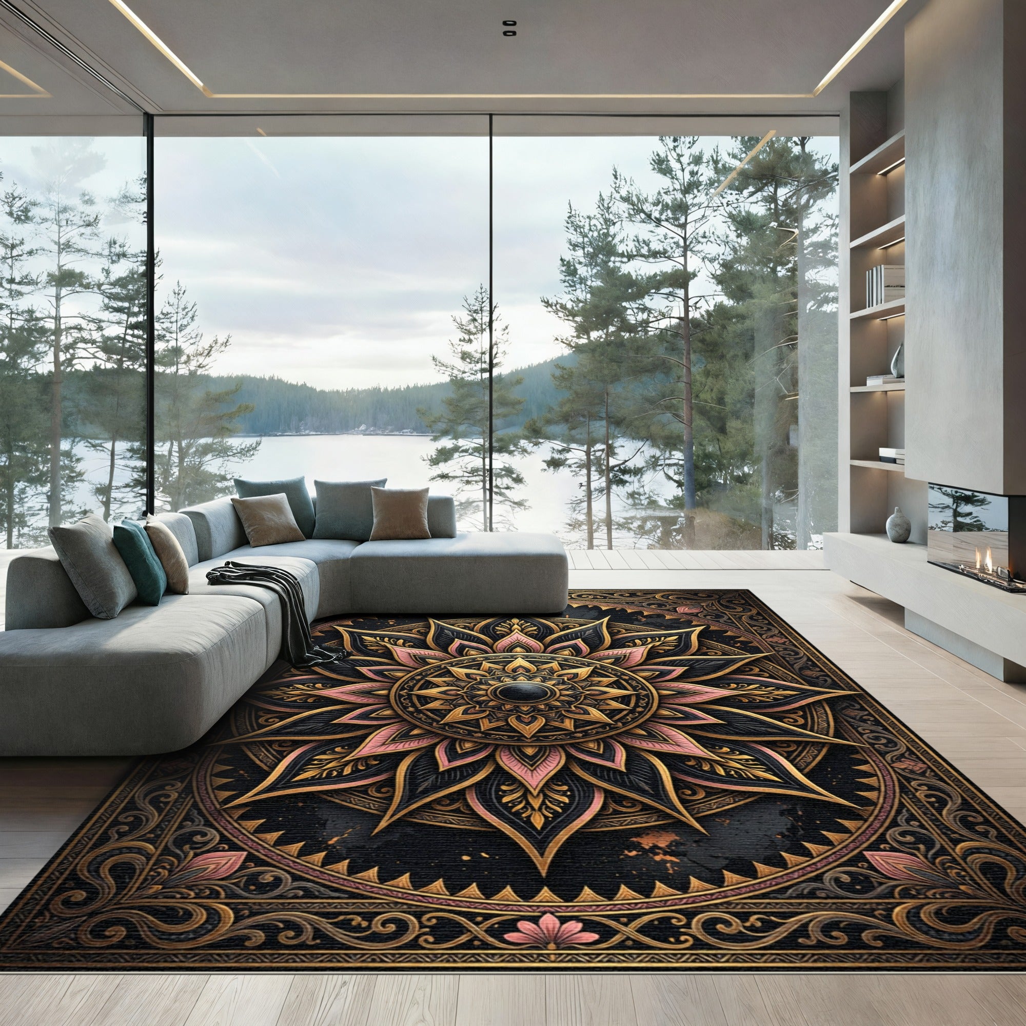 Gilded Noir Floral Mandala Medallion Rug