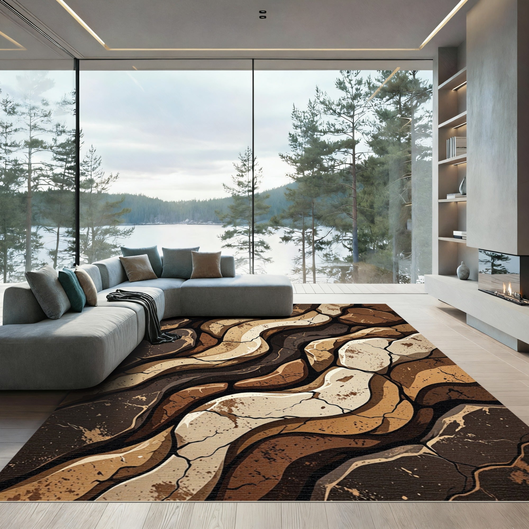 Earthy Rock Layers Abstract Flow Rug