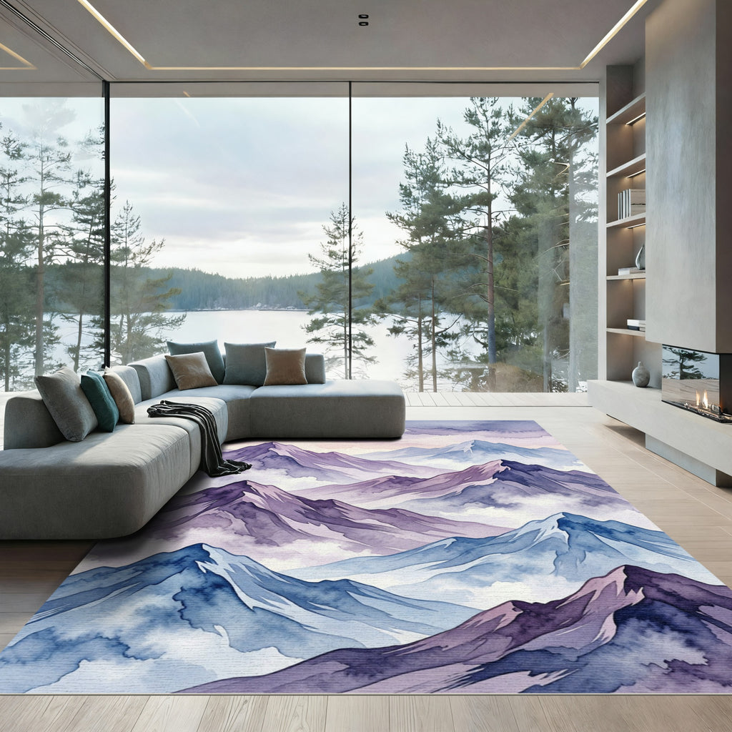 Watercolor Mountain Peaks in Lilac and Blue Rug