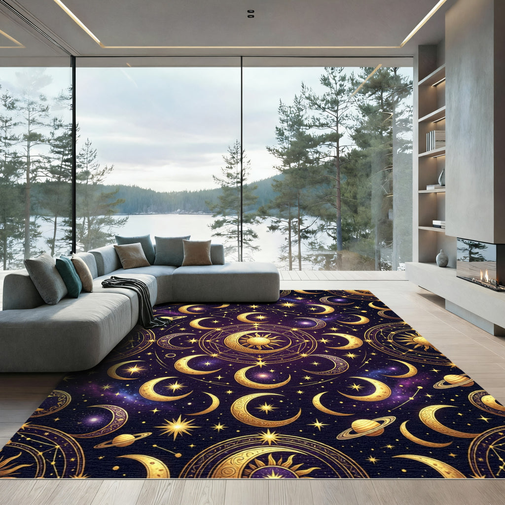 Golden Celestial Moon and Starry Sky Rug