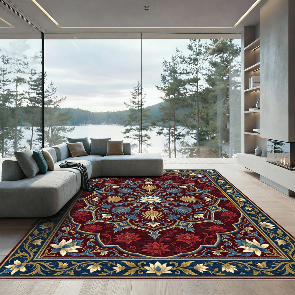 Rich Crimson Floral Medallion With Blue Rug