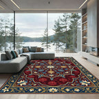 Rich Crimson Floral Medallion With Blue Rug