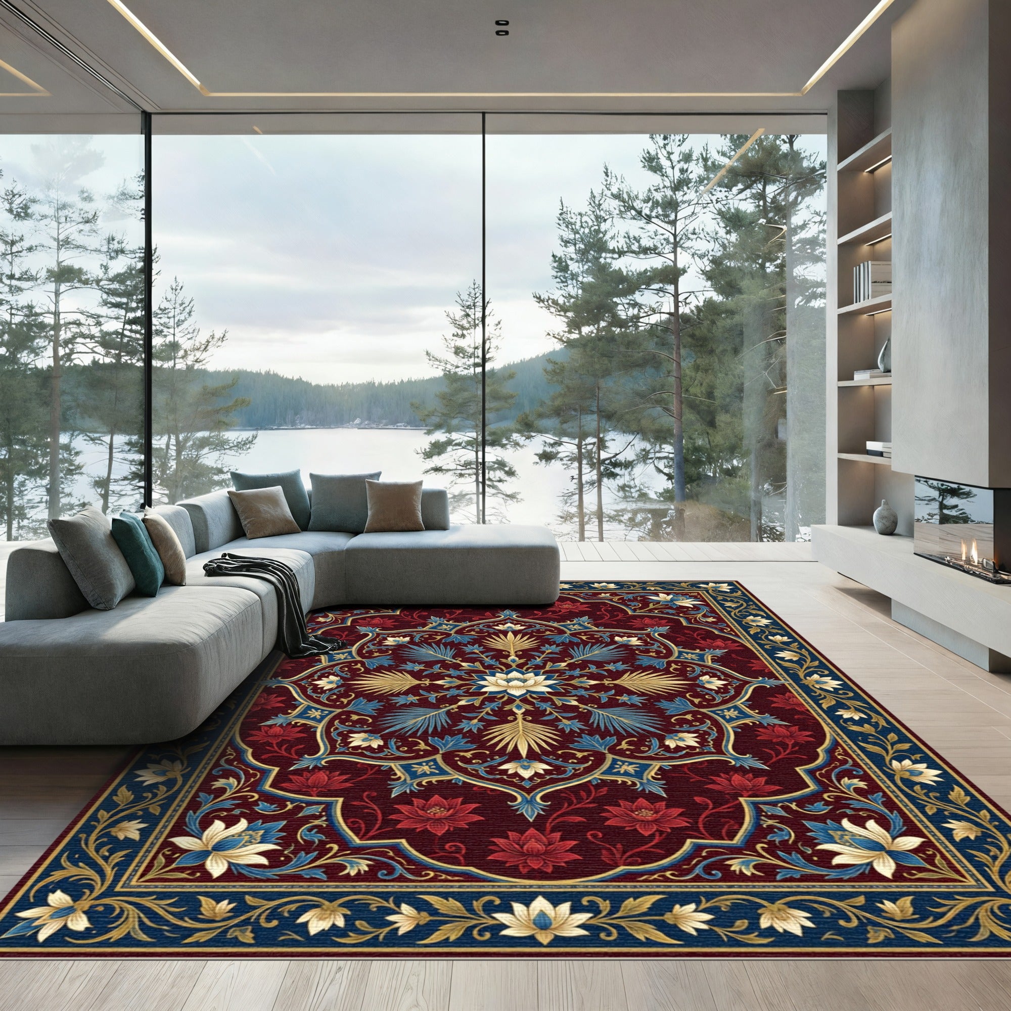 Rich Crimson Floral Medallion With Blue Rug