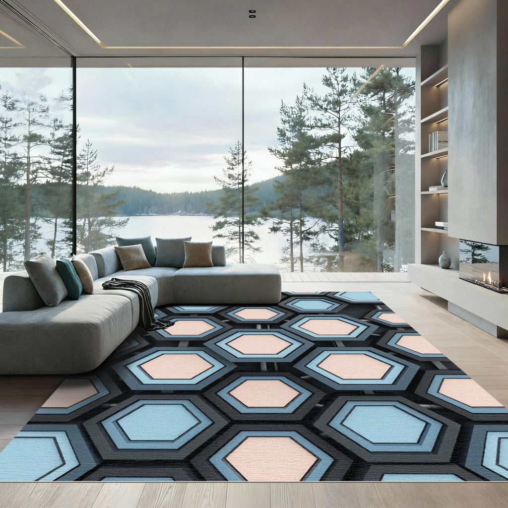 Gray Blue Peach Hexagon Grid Rug