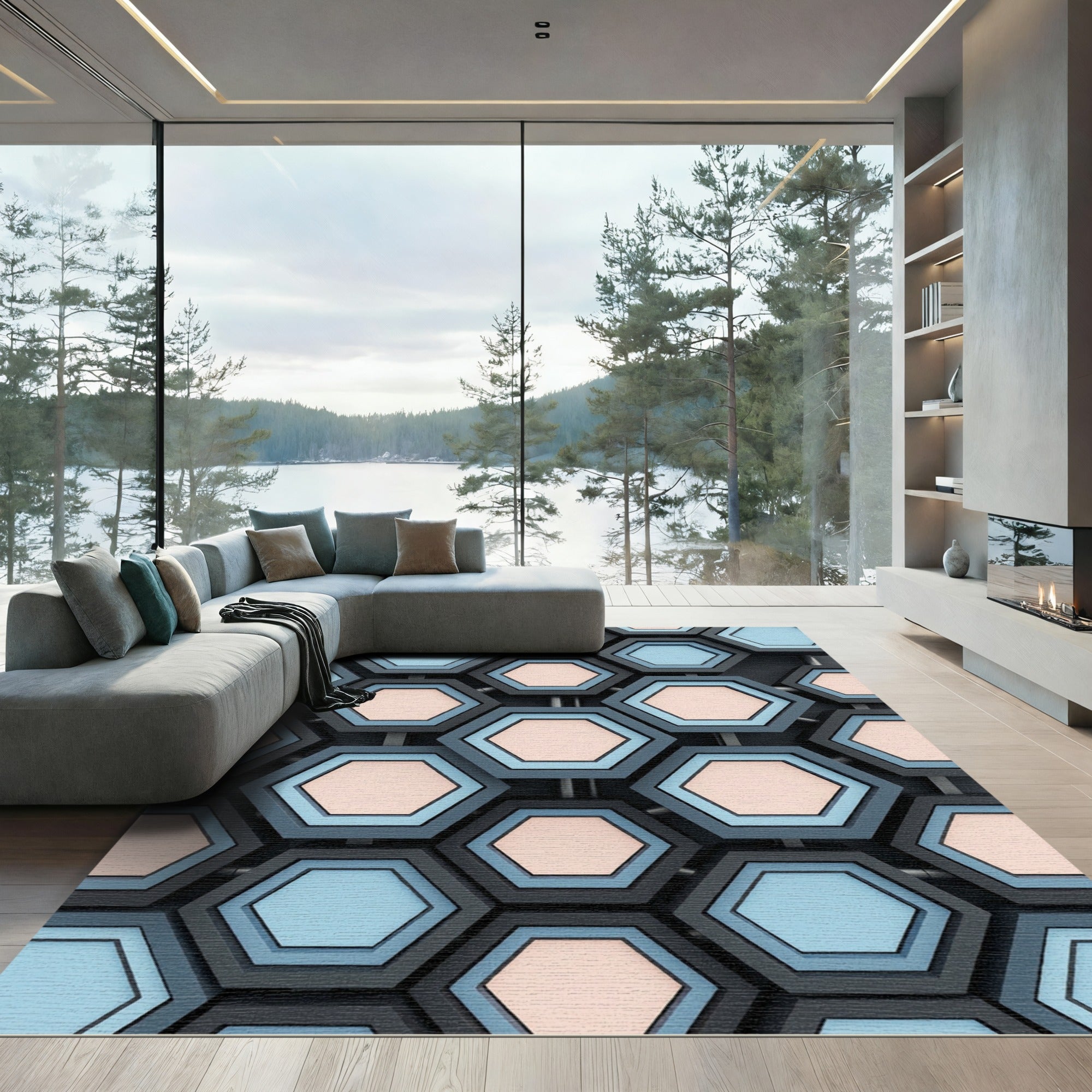 Gray Blue Peach Hexagon Grid Rug