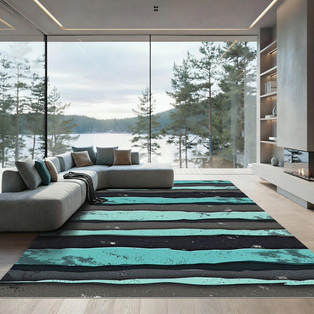Teal Gray Black Layered Stripe Rug