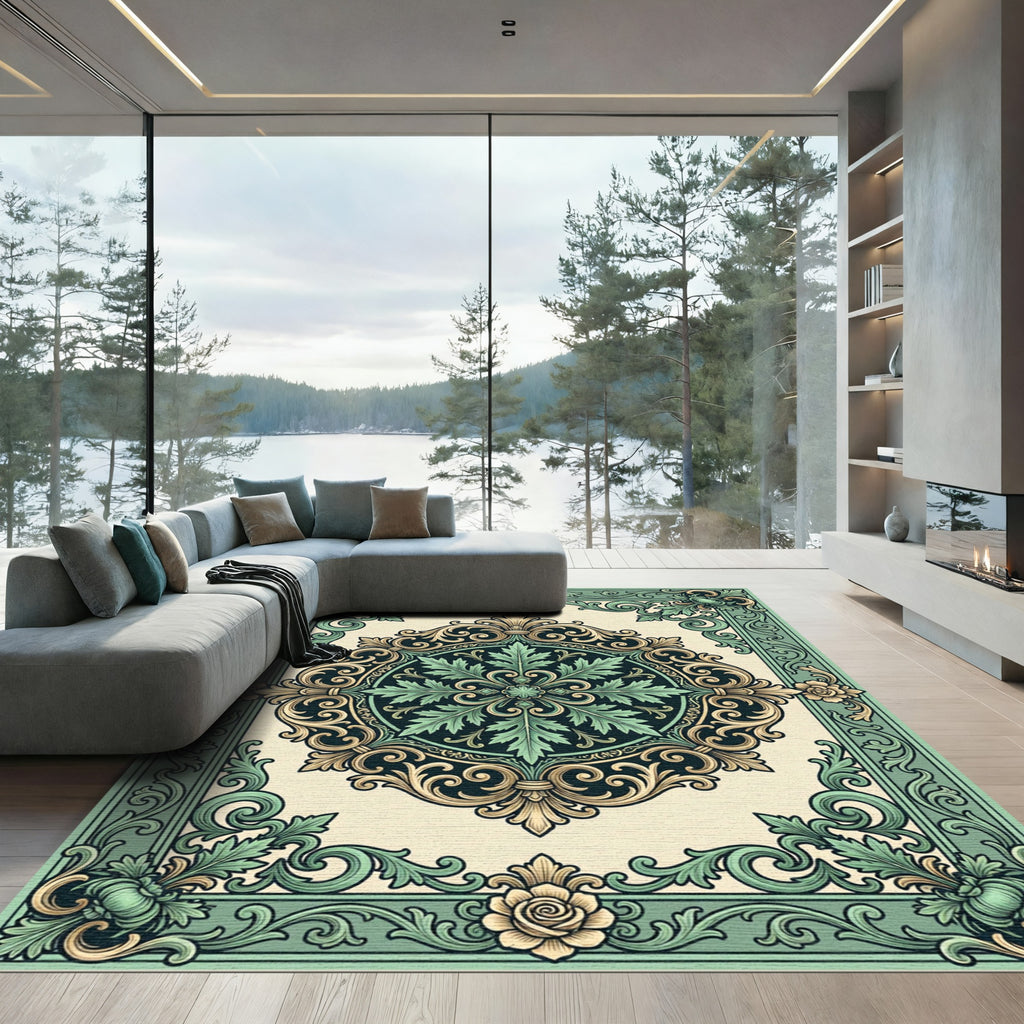 Ornate Sage Green Baroque Floral Medallion Rug