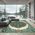 Ornate Sage Green Baroque Floral Medallion Rug