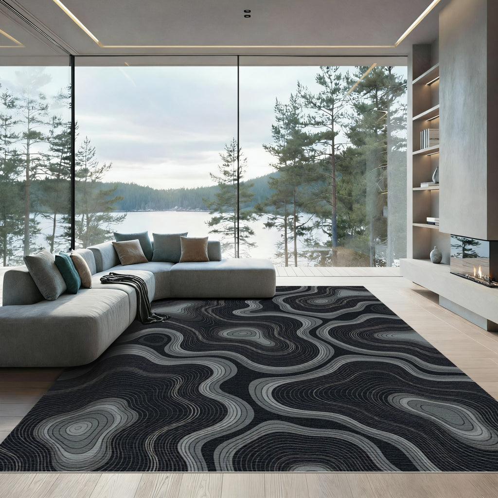 Dark Gray Contour Topographical Waves Rug