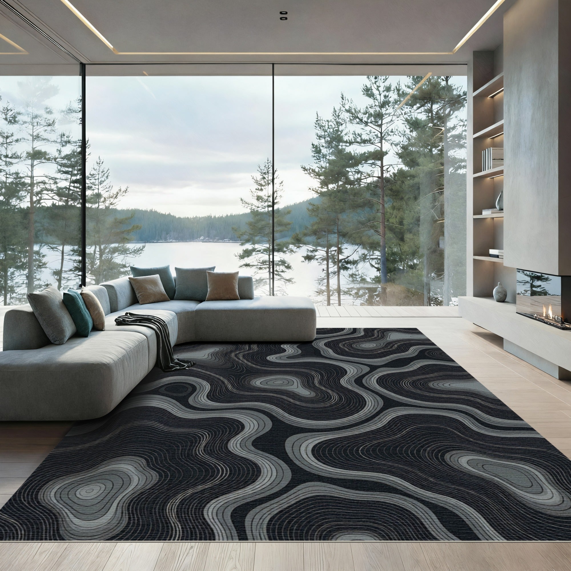 Dark Gray Contour Topographical Waves Rug