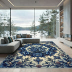 Rich Blue Floral Garland Frame Rug